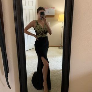 Blonde Nites Black and Gold Slit Dress